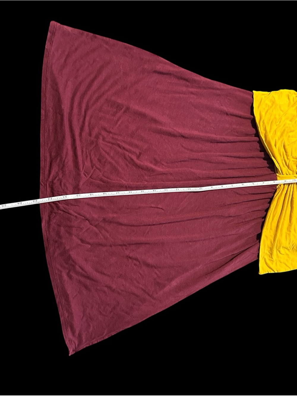 Coveted Clothing Mustard Yellow Bow Strapless Dress with Burgundy Skirt - Picture 2 of 11